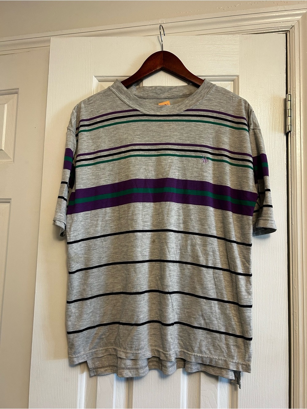 Grey Striped Short-Sleeve Men's Shirt with Purple & Green Stripes